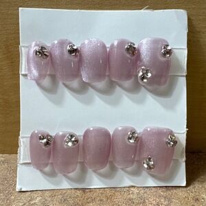 Press On Nails Light Purple Cat Eye Shimmer Short Square Rhinestone 10pc